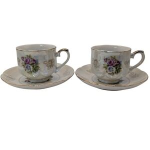Vintage Seyei Fine China Demitasse Cups and Saucers Iridescent Floral Set of Two